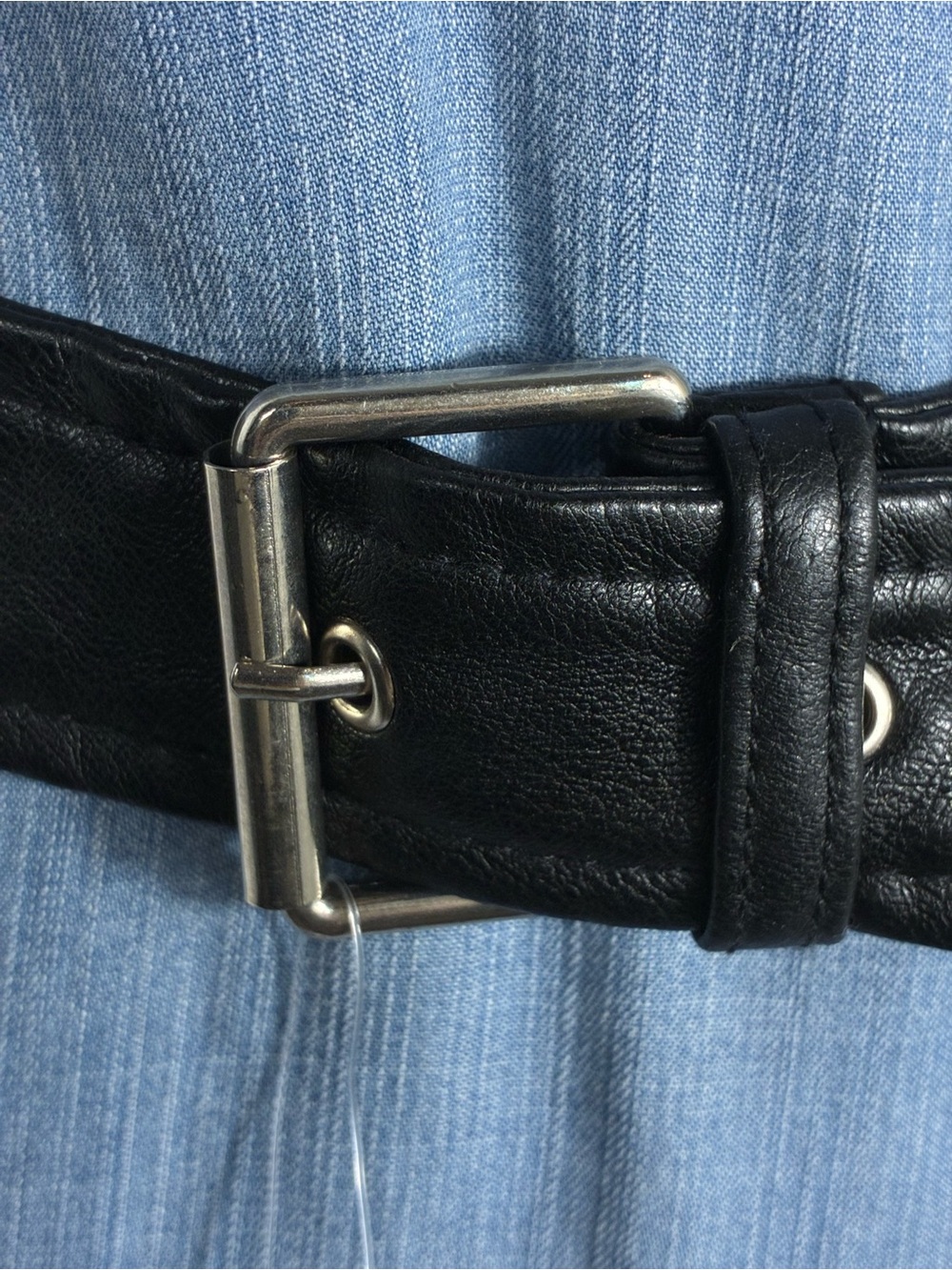 Womens belt 42” long Black faux Leather  Silver Buckle